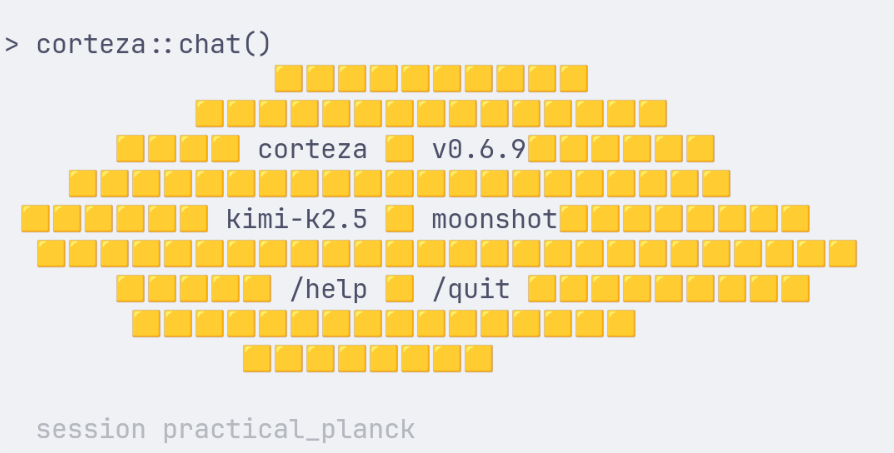 The corteza chat() startup banner: a gold brain-corn silhouette in yellow-square emoji, with version, model, and provider in the kernels.