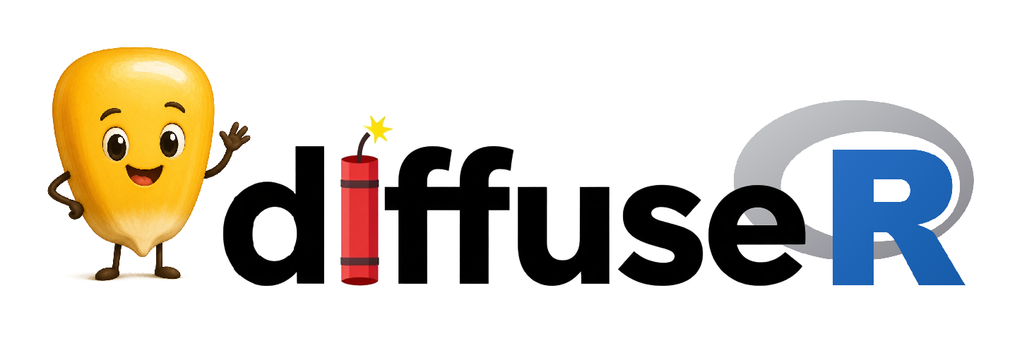 The diffuseR logo: tiny, a smiling corn-kernel mascot, waving beside the wordmark &ldquo;diffuseR&rdquo;, where the i is a lit stick of dynamite and the R is the official R logo with its grey ring.