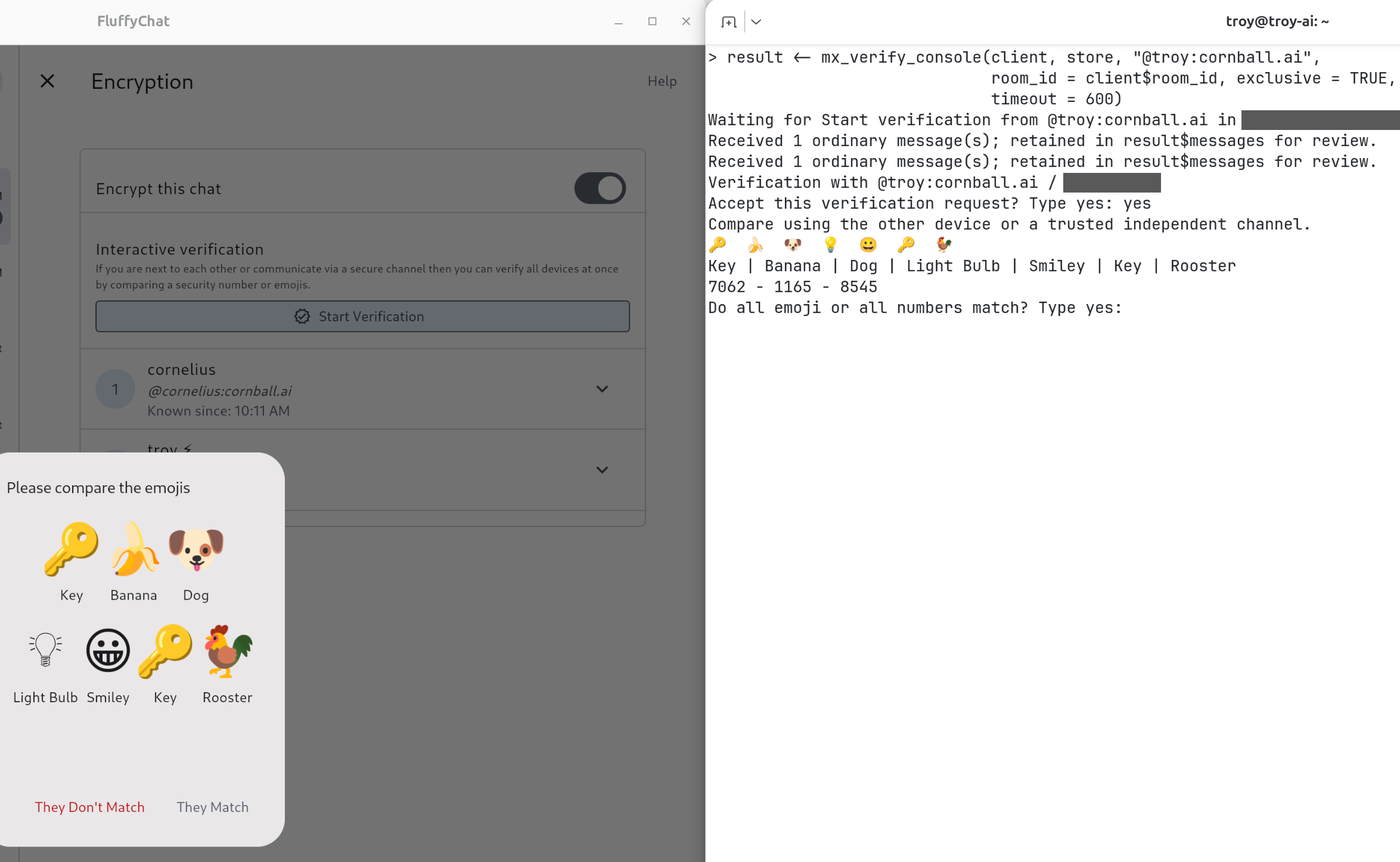 Side by side: FluffyChat’s “Please compare the emojis” dialog on the left showing Key, Banana, Dog, Light Bulb, Smiley, Key, Rooster, with They Don’t Match and They Match buttons. On the right, an R console running mx_verify_console() that has accepted the request and printed the same 7 emoji, their names, and the decimal form, then asks “Do all emoji or all numbers match? Type yes:”.