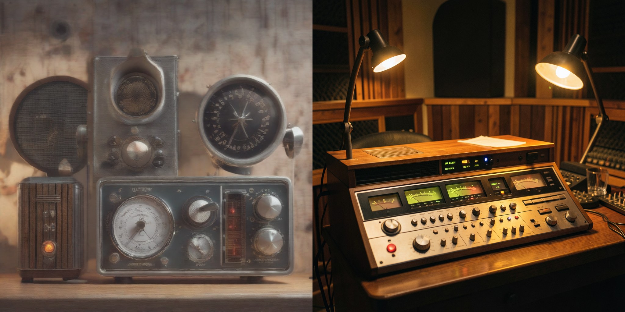 The same radio-studio prompt rendered by two models. Left, SDXL: a still life of vintage radio receivers on a wooden shelf against a grubby plaster wall, faceplate lettering dissolving into gibberish, no room around them. Right, FLUX.2 Klein: a wood-panelled studio with two lit gooseneck desk lamps, a broadcast console with a bank of backlit VU meters, rows of knobs and faders, a chair, and papers on the desk.